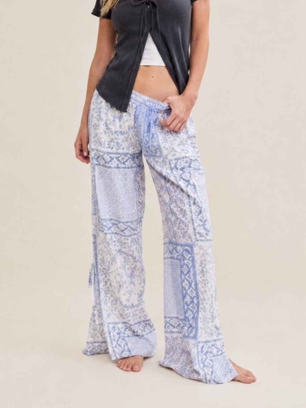 aerie Bandana Print Wide-Leg Pants with Side Ties